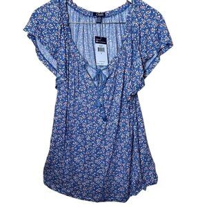 Chaps Womens Blue Floral Print Short-Sleeve Blouse‎ With Tie Neck L